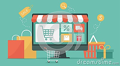 Internet shopping concept on computer Vector Illustration