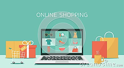 Online shopping laptop concept, women fashion products Vector Illustration