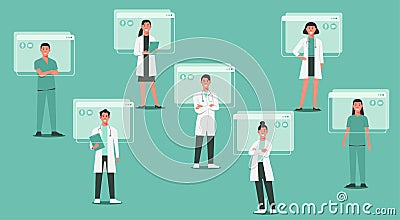 Telemedicine on video call conference with doctors standing concept Vector Illustration