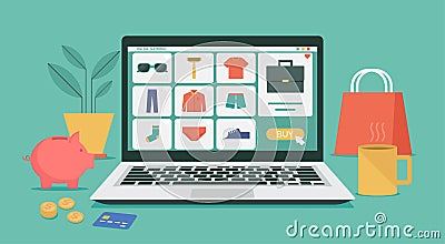Men fashion products on e-shop with icons and goods Vector Illustration