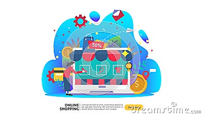 Online shopping banner. Business concept for Sale e-Commerce with smartphone and tiny people character. template for web landing Vector Illustration