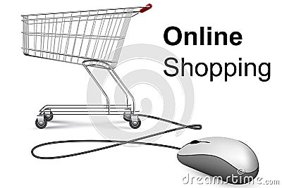 Online shopping banner with computer mouse and market trolley Vector Illustration