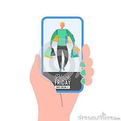 Online shopping banner, concept sale mobile app template with woman character, special offer poster, Black Friday concept Vector Illustration