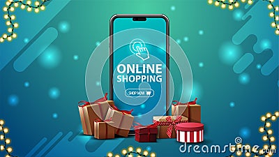 Online shopping banner with a large smartphone with presents boxes around Vector Illustration