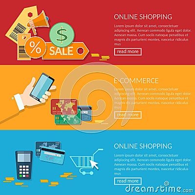 Online shopping banners e-commerce transactions processing Vector Illustration