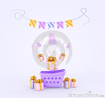 Online shopping basket and flying parachutes with wrapped gift boxes and color garland. Festive promotion with presents Stock Photo