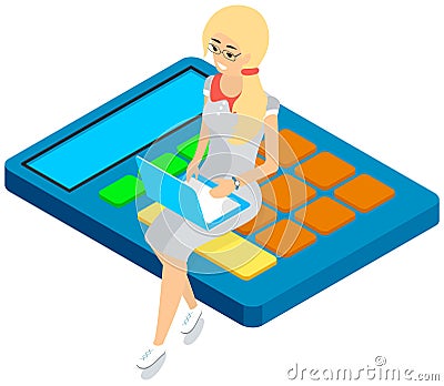 Online shopping, budget savings. Woman with laptop sitting on calculator, makes online purchases Vector Illustration