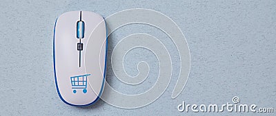 Online shopping, buying and e-commerce. Computer mouse with cymbol of basket. Blue background Stock Photo