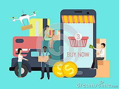 Online shopping cargo tracking app. People with money are waiting online supply background big boxes, truck and credit Vector Illustration