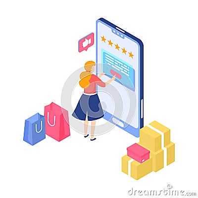 Online shopping. Cartoon woman makes purchases in mobile application. Smartphone app with customer feedback. Buyer Vector Illustration