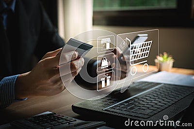 online shopping concept, businessman use smartphones and credit cards to purchase products from online stores and shop on the Stock Photo