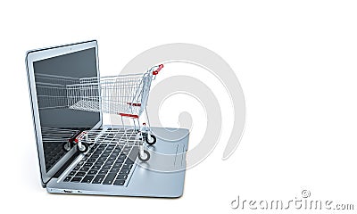 Online shopping concept, shopping cart enters a notebook monitor Stock Photo