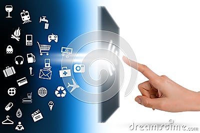 Online shopping concept with cart getting outside notebook display Stock Photo