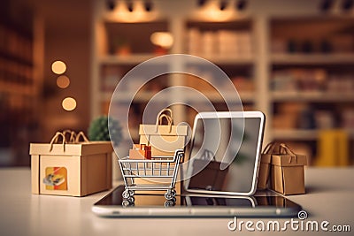 Online shopping concept with shopping cart, shop tablet and boxes on table Stock Photo