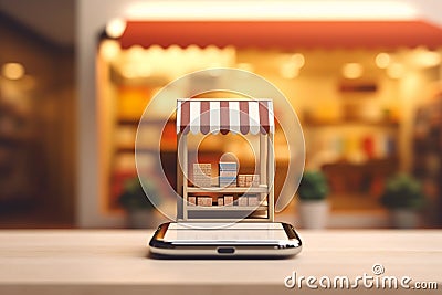 Online shopping concept with shopping cart, shop tablet and boxes on table Stock Photo