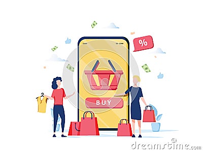 Online Shopping Concept with Characters. Mobile E-commerce Store Cartoon Illustration