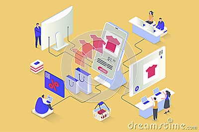 Online shopping concept in 3d isometric design. Vector illustration with isometry people Vector Illustration