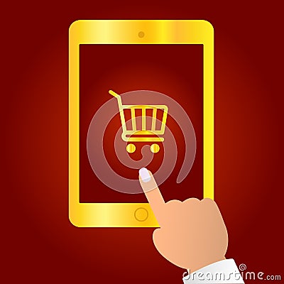 Online shopping concept. Finger touches tablet with basket on screen. Vector illustration. Vector Illustration