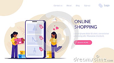 Online shopping concept. Girls make purchases in online store choosing the goods on the site through a mobile phone Vector Illustration