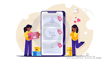 Online shopping concept. Girls make purchases in online store choosing the goods on the site through a mobile phone Vector Illustration
