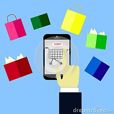 Online shopping concept,hand buying with cellphone, Vector Illustration