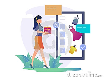 Online Shopping Concept. Happy Woman Shopping. Vector Illustration