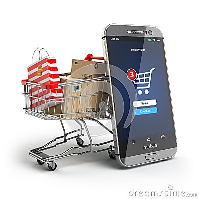 Online shopping concept. Mobile phone or smartphone with cart an Stock Photo