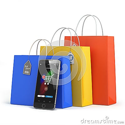 Online shopping concept. Mobile phone or smartphone Cartoon Illustration