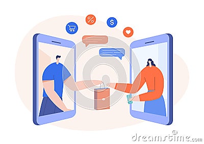 Online shopping concept with modern characters and smartphone. Man and woman buying goods in mobile application, ecommerce Cartoon Illustration