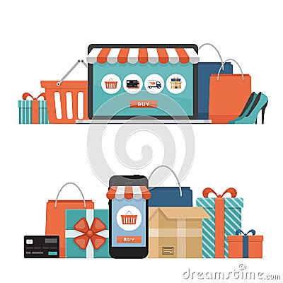 Online shopping concept. Online store objects and banner. Table with laptop, shopping bags, credit cards, gifts and coupons. Flat Vector Illustration