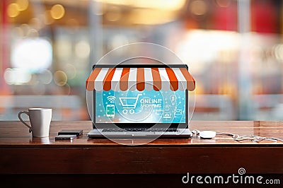 Online shopping concept. Open laptop store with icon buy, payment Stock Photo