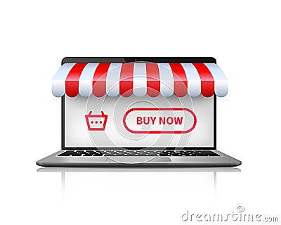 Online shopping concept. Realistic open laptop buying and shopping online. Ecommerce store concept on laptop screen with Vector Illustration