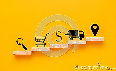 Online shopping concept. sequence of icons on wooden blocks - magnifier, basket, dollar, delivery car, geolocation mark. Stock Photo