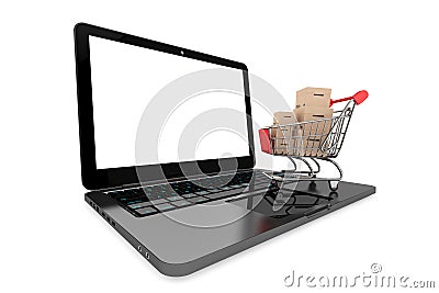 Online shopping concept. Shopping Cart with Boxes over Laptop Stock Photo