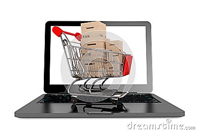 Online shopping concept. Shopping Cart with Boxes over Laptop Stock Photo