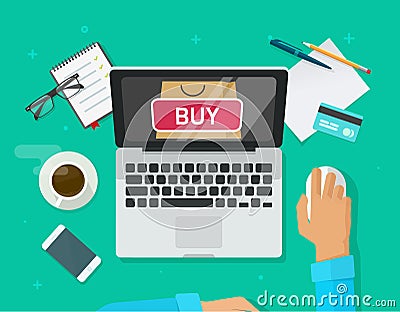 Online shopping concept vector, flat style laptop computer and customer person buying from ecommerce internet store Vector Illustration