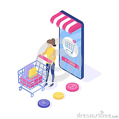 Online shopping concept. Woman buy dress on the site. Can use for web banner and infographics. Isometric design. Vector Vector Illustration