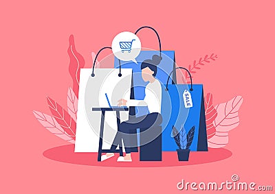 Online shopping concept. Woman sitting with a bag of goods ordered from online shopping. Vector Illustration