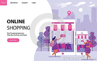 Online shopping concept with women buying some stuff in internet form smartphone and tablet. Landing modern page template vector i Cartoon Illustration