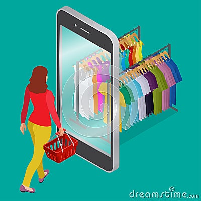 Online shopping and consumerism concept. Mobile grocery shopping e-commerce online store flat 3d web isometric Vector Illustration