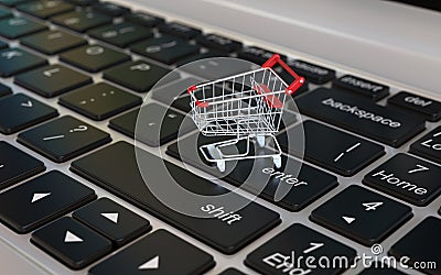 Online shopping 3d concept, shopping cart on laptop keyboard, 3d rendering Cartoon Illustration