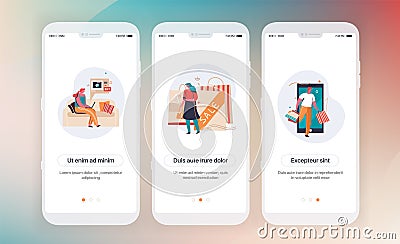 Online shopping. Design of mobile application intro screens. Application templates concept Vector onboarding Vector Illustration