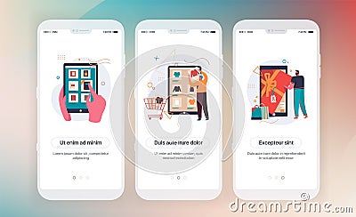Online shopping. Design of mobile application intro screens. Application templates concept Vector onboarding Vector Illustration