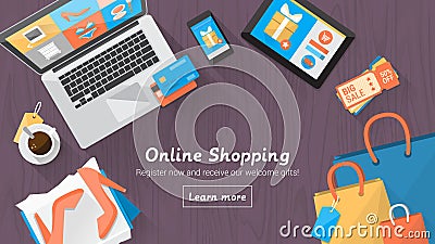 Online shopping desktop Vector Illustration