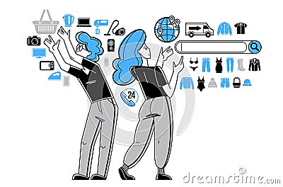 Online shopping and discount vector outline illustration, store workers team managing goods or customers have a big choice and Vector Illustration