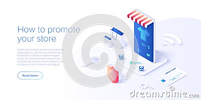 Online shopping or e-commerce isometric vector illustration. Internet store checkput procedure concept with smartphone and bag. Vector Illustration