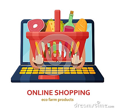 Online shopping. Eco farm products. Grocery food basket different goods such as fruits and vegetables, meat and wine, milk and Cartoon Illustration