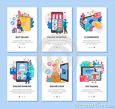 Online Shopping Ecommerce Pay Online Banking Set Vector Illustration