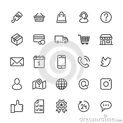 Online shopping flat line icons. E-commerce business, contacts, support, social networks, shop basket, sale, delivery Vector Illustration