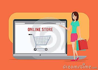 Online shopping girl. Business cartoon concept. Vector creative Vector Illustration